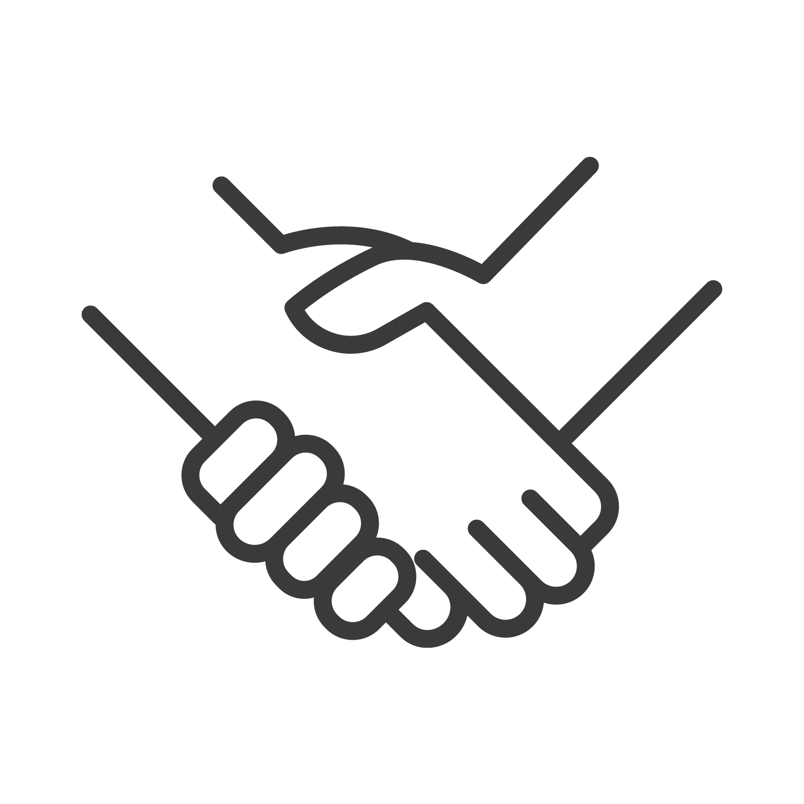 Tumma ikoni, jossa kaksi kättä puristavat toisiaan lujasti.