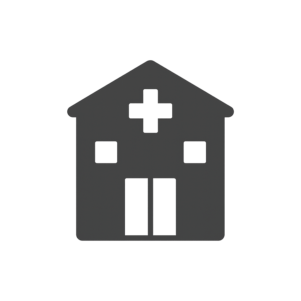 Yhdenvärinen, tummasävyinen grafiikka, jossa on talon muotoinen ikoni, jossa on terveys- tai ensiapu-symboli, epätarkka ja yksinkertaistettu.