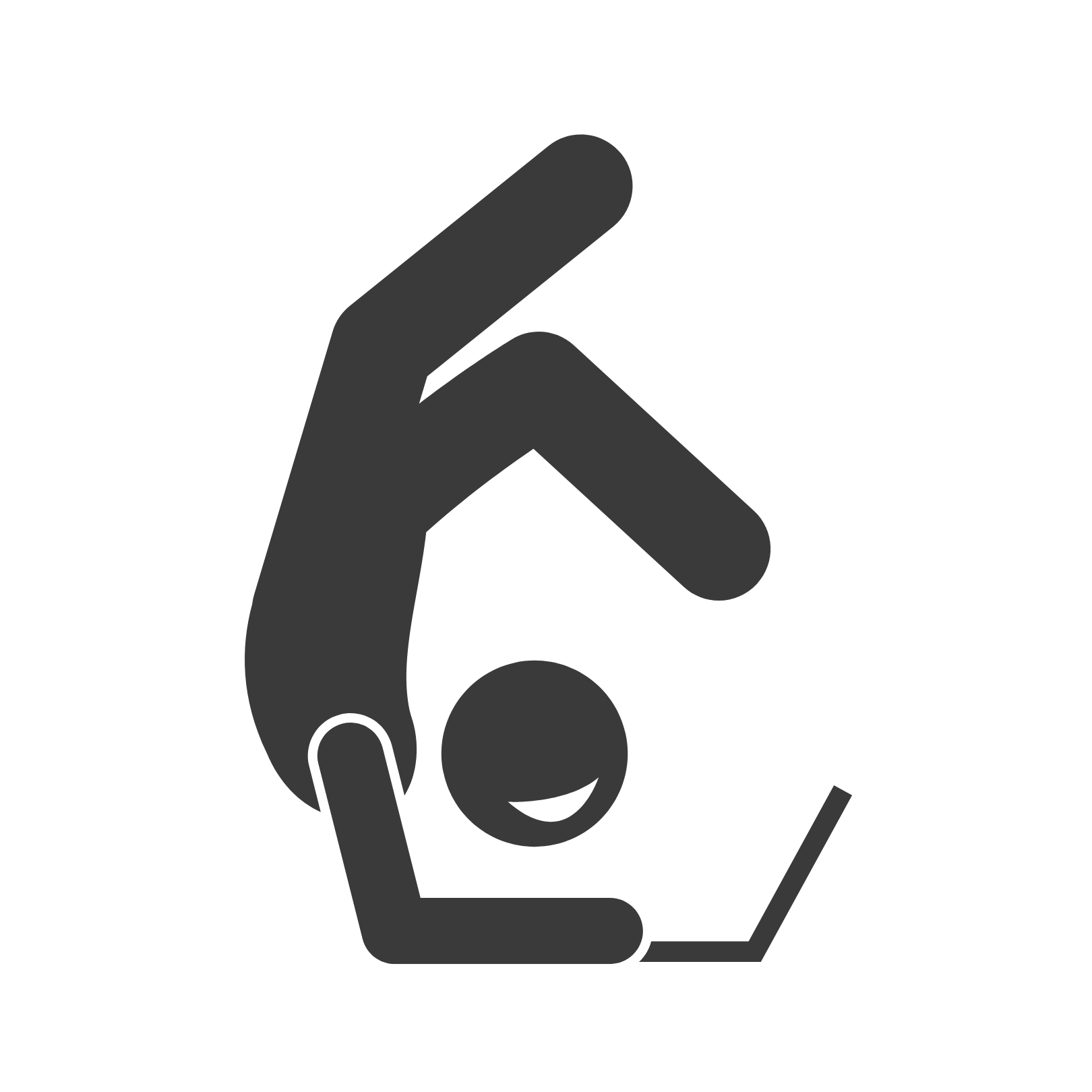 Tumma ikoni, jossa ihminen työskentelee kannettavalla tietokoneella käsillä seisoen.