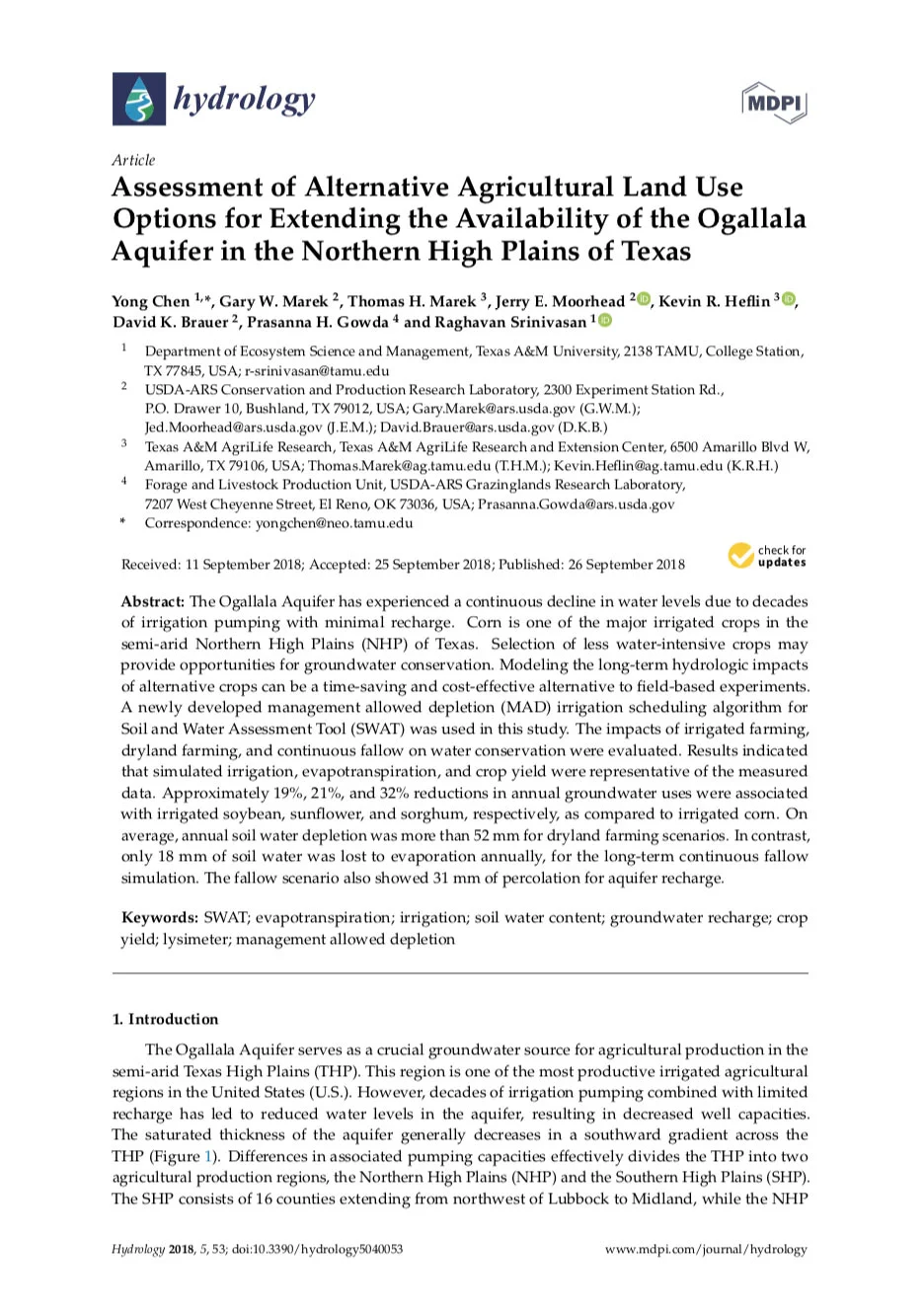 Assessment of Alternative Agricultural Land Use Options for Extending the Availability of the Ogallala Aquifer in the Northern High Plains of Texas