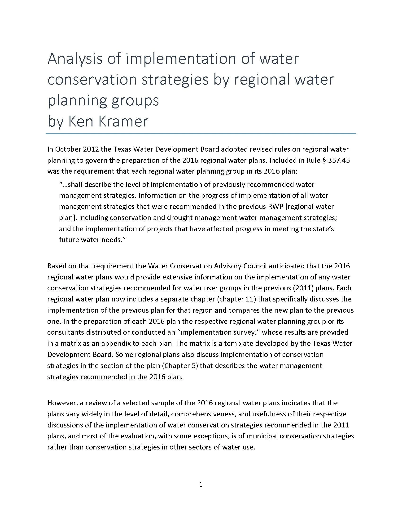 Analysis of Implementation of Water Conservation Strategies by Regional Water Planning Groups