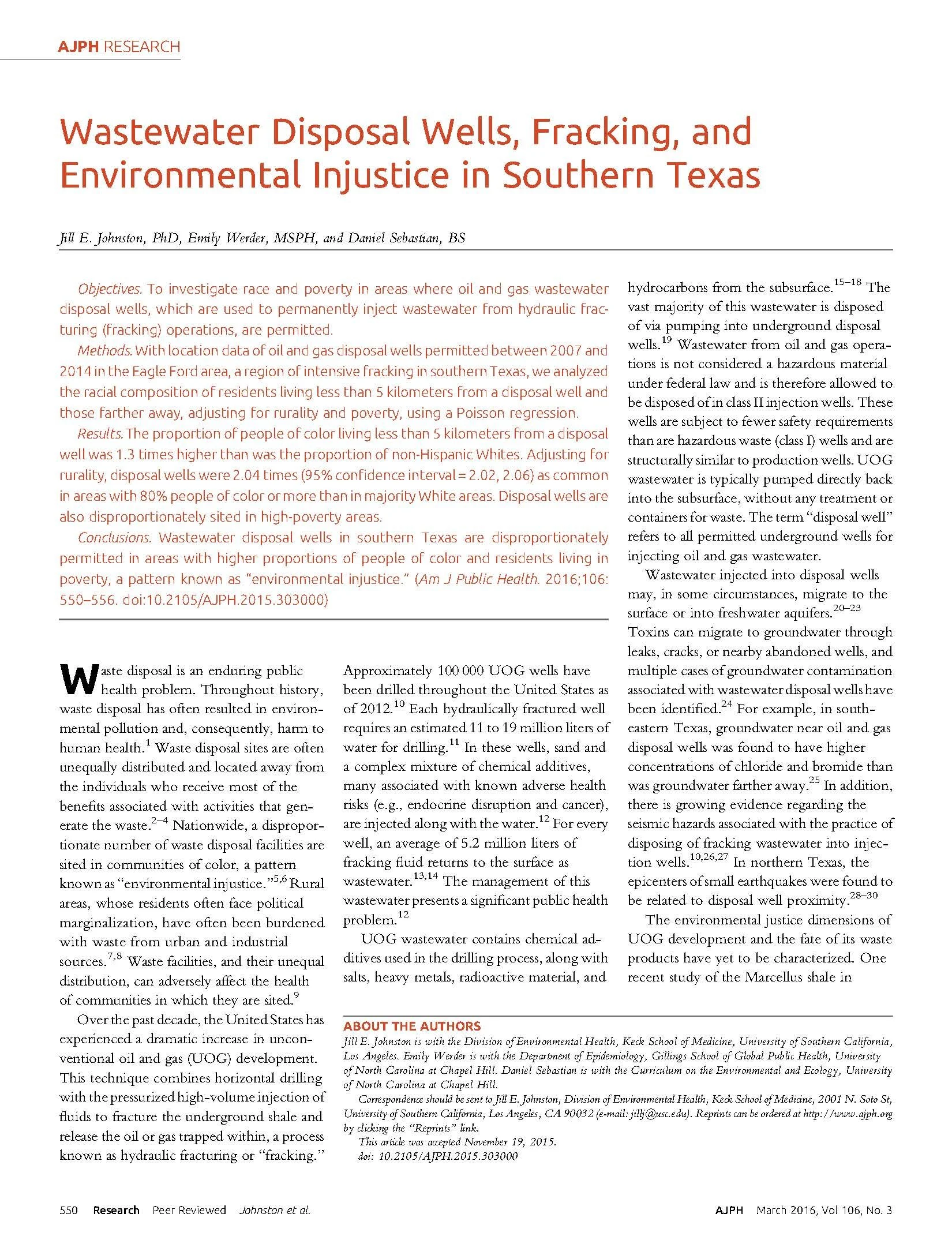 Wastewater Disposal Wells, Fracking, and Environmental Injustice in Southern Texas