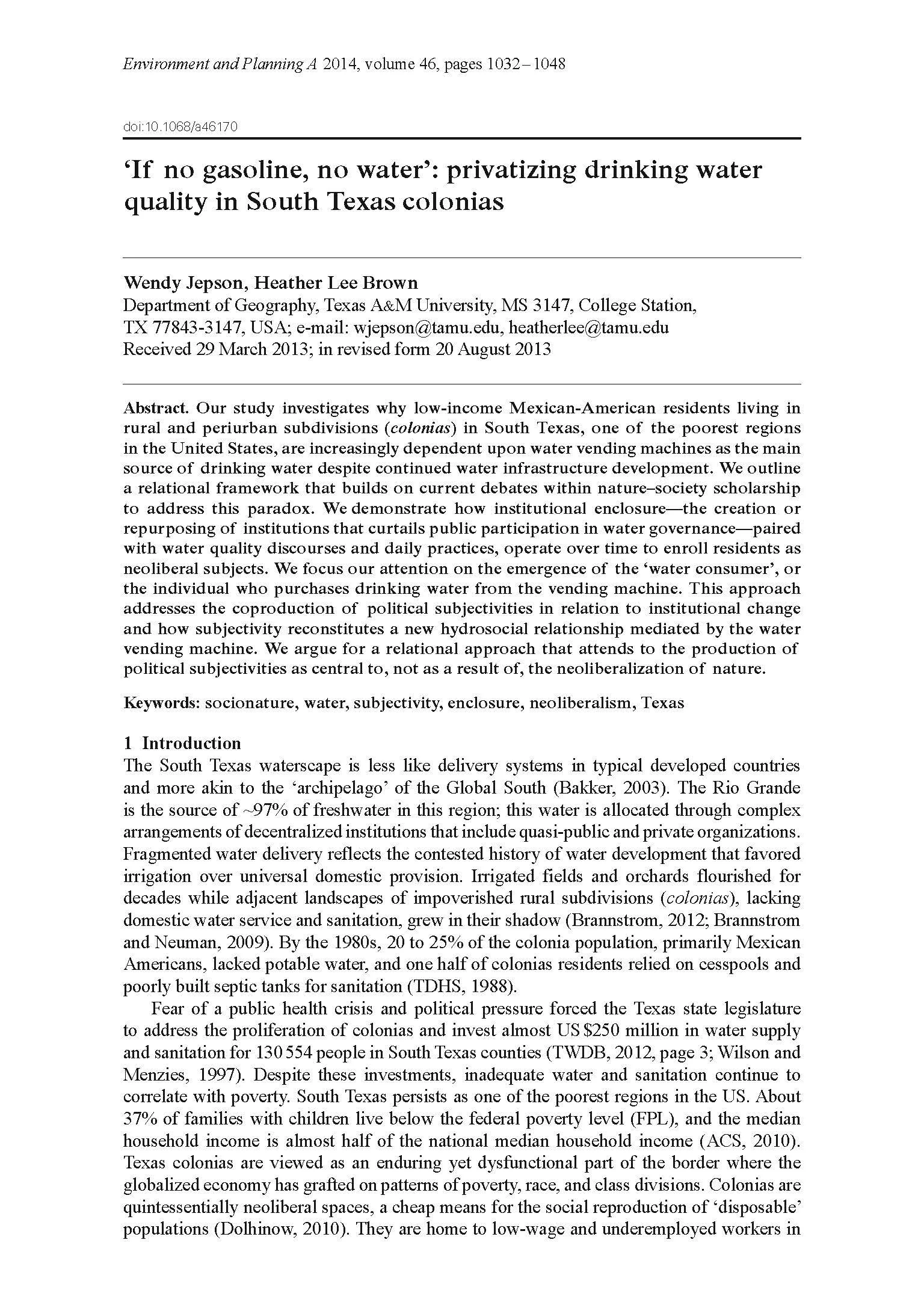 'If no gasoline, no water': Privatizing drinking water quality in South Texas colonias