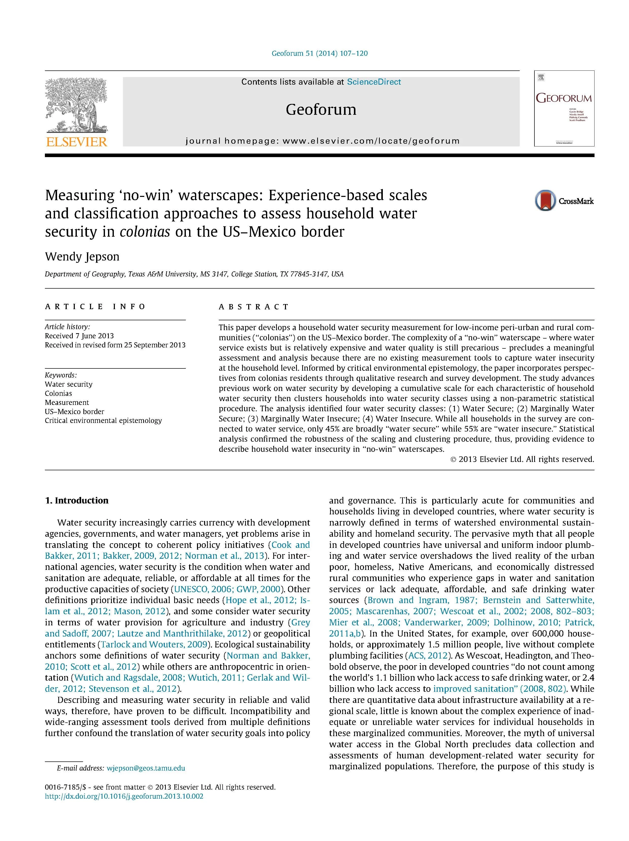 Measuring ‘no-win’ waterscapes: Experience-based scales and classification approaches to assess household water security in colonias on the US–Mexico border