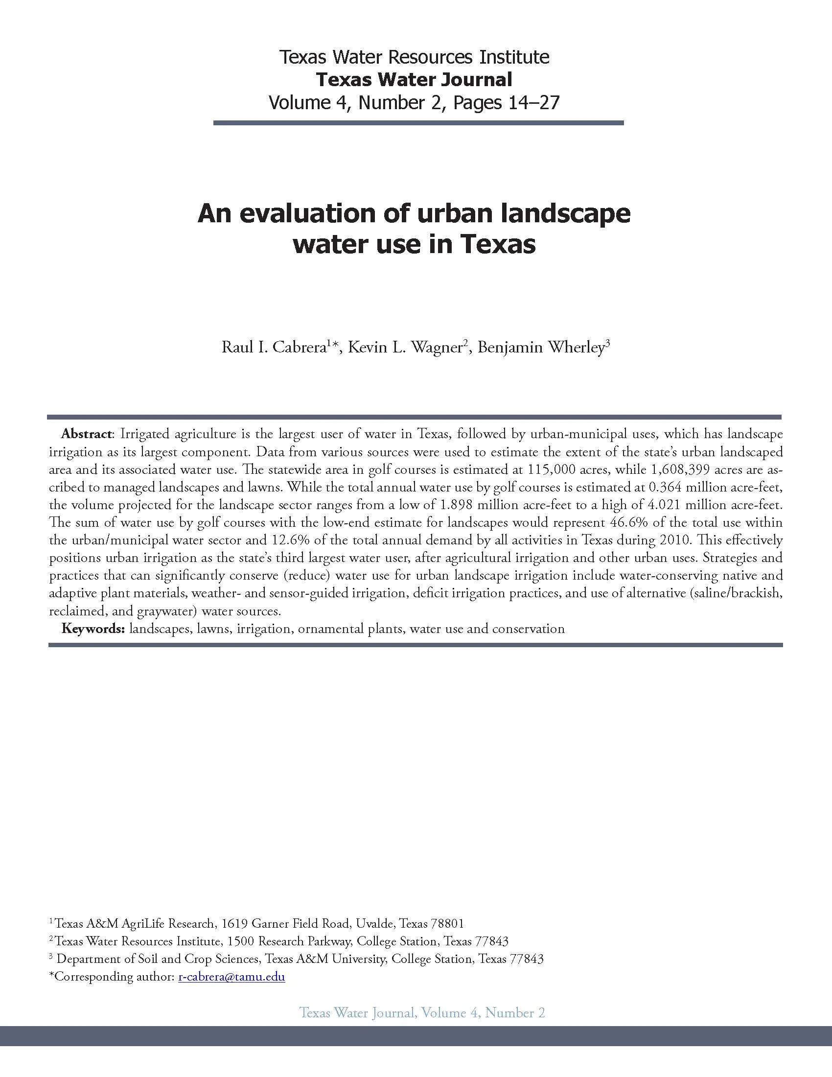 An Evaluation of Urban Landscape Water Use in Texas