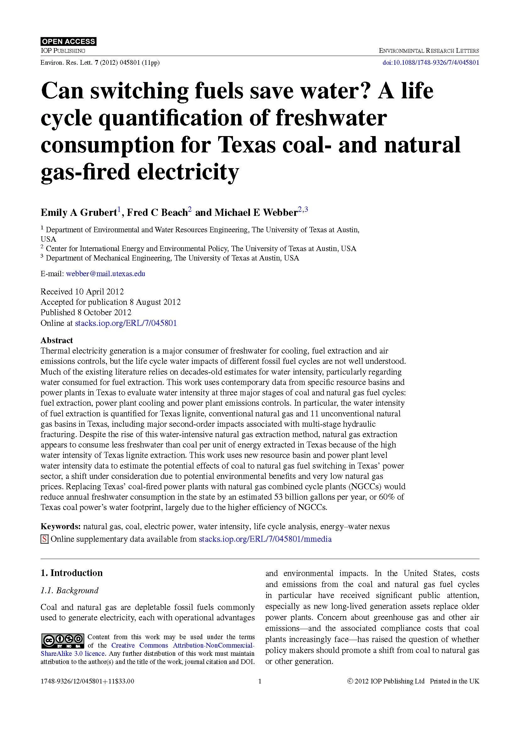 Can switching fuels save water? A life cycle quantification of freshwater consumption for Texas coal- and natural gas-fired electricity