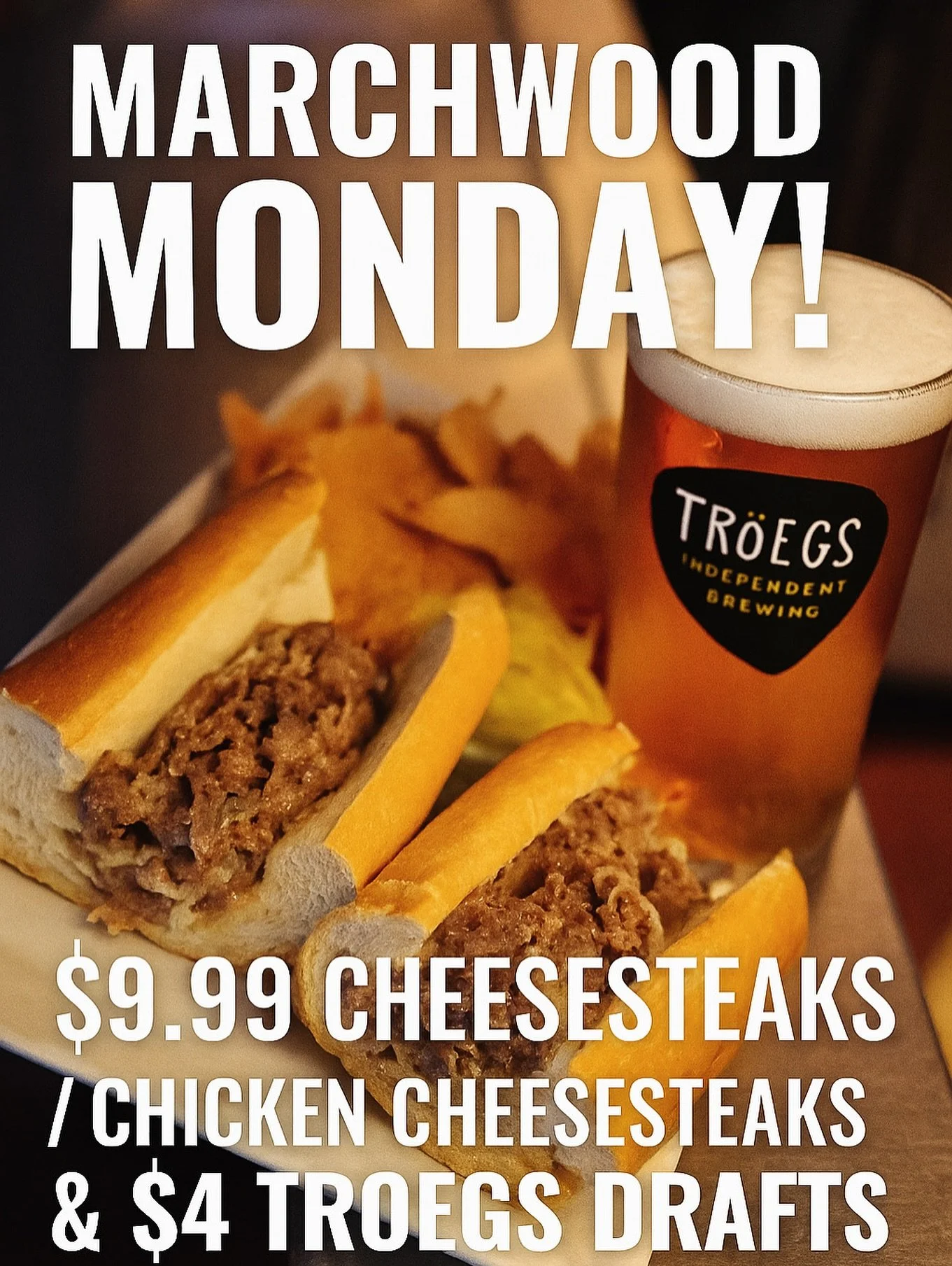 Marchwood Mondays — $9.99 Cheesesteaks/Chicken Cheesesteaks & $5 Troegs pints all day🍻Happy Hour 4-6! Doors open @ 11am #mondayfunday #marchwoodmonday #extoneats #cheesesteaks #drinktroegs #localspot #mondaynightfootball #gettothetavern