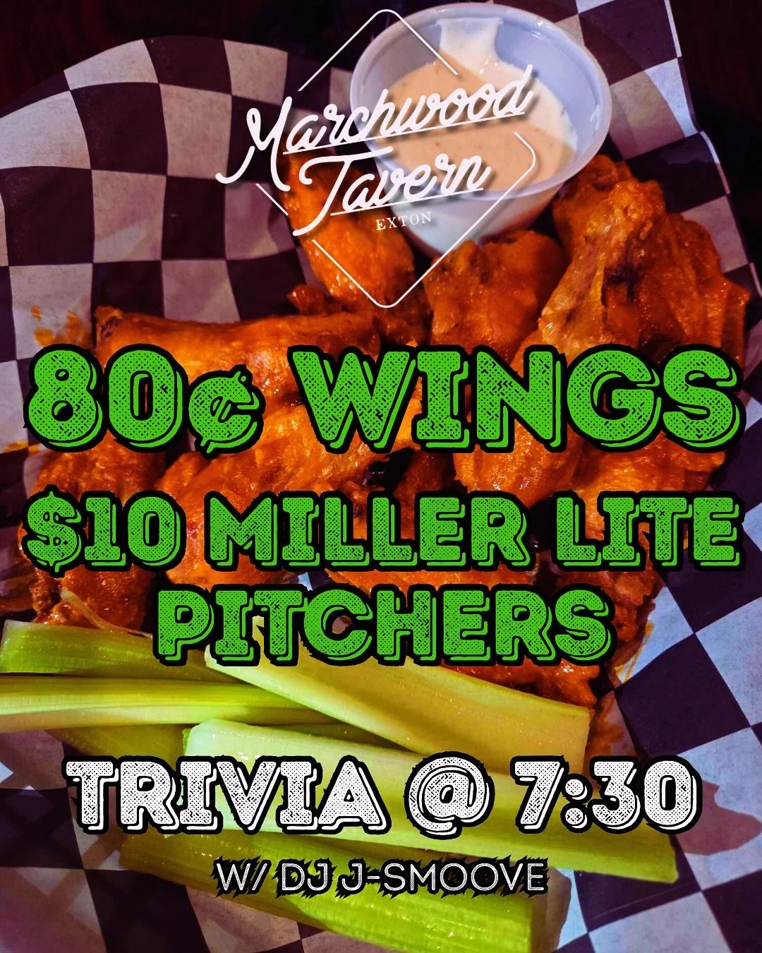 Wing Wednesday! 80¢ Wings, $10 Miller Lite pitchers all day — TRIVIA TONIGHT @ 7:30 w/ @dj_jsmoove00 #humpdayhappiness #wingwednesday #trivia #extoneats #bestwingsinchesco #happywednesday #gettothetavern