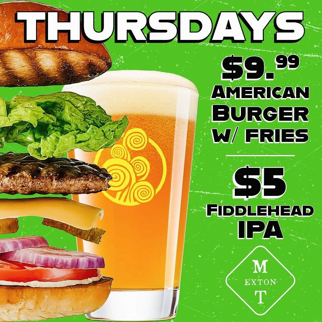 Happy Thursday🍔 $9.99 American Burger w/ Fries & $5 Fiddlehead IPAs all day🍻 #thirstythursday #burgerthursday #drinkfiddlehead #happyhour #extoneats #lunch #chescofoodie #gettothetavern