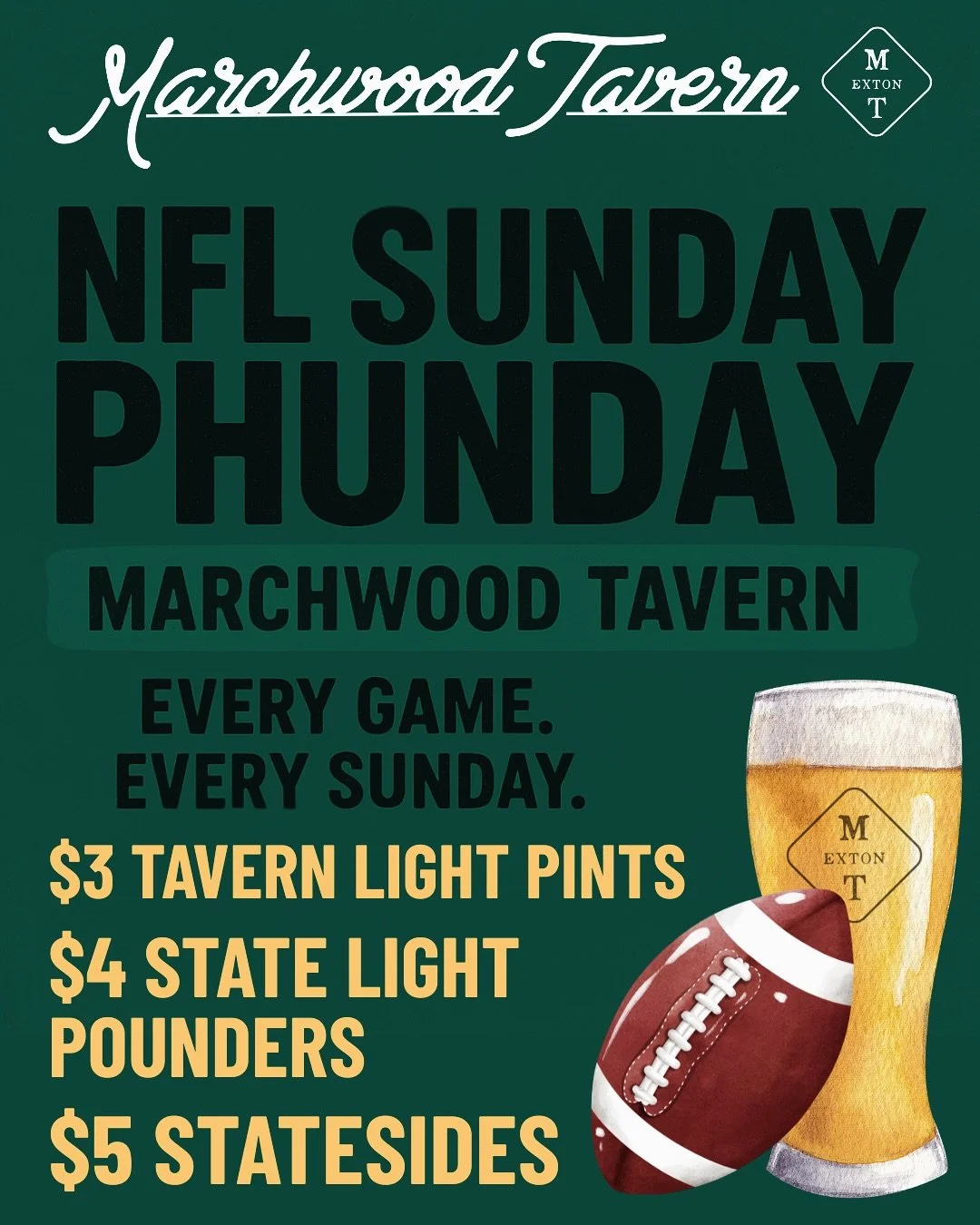 Let&rsquo;s make it a Marchwood Sunday Phunday🍻Happy Hour 12-2 &mdash; NFL Sunday kickoff @ 1pm🏈 Footlong Dog &amp; Shareavle Fries &mdash; $5 Statesides, $4 State Lights, $3 Tavern Lights ALL DAY! Every game. Every Sunday
#sundayphunday #nflsunday