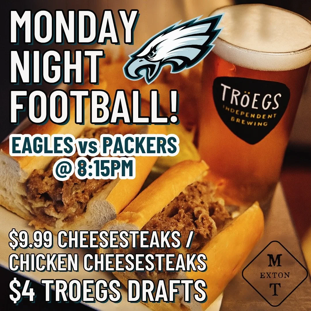Marchwood Monday! $9.99 Cheesesteaks/Chicken Cheesesteaks &amp; $4 Troegs pints all day &mdash; EAGLES vs PACKERS @ 8:15🏈🦅 Game will be on the sound!! Come watch the Birds w/ us &mdash; YOUTUBE TV WATCHERS WILL NOT GET THE GAME TONIGHT! #marchwoodm