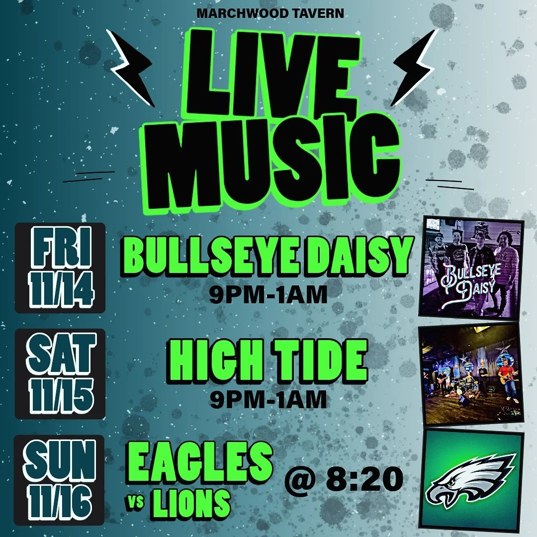 What&rsquo;s going on this weekend at your favorite local Tavern you ask? An awesome Live Music lineup &amp; Sunday Phunday night lights Birds vs Lions!
👉 FRI 11/14 - @bullseyedaisy 9pm-1am
👉 SAT 11/15 - @hightidebandpa 9pm-1am
👉 SUN 11/16 - Eagle