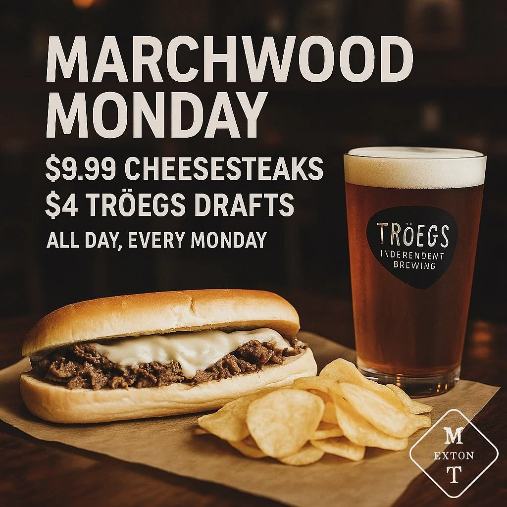 Marchwood Monday! $9.99 Cheesesteaks/Chicken Cheesesteaks &amp; $4 Troegs pints 🍻 Stop in for lunch &mdash; Happy Hour 4-6 #marchwoodmonday #mondayfunday #extoneats #cheesesteaks #drinktroegs #gettothetavern