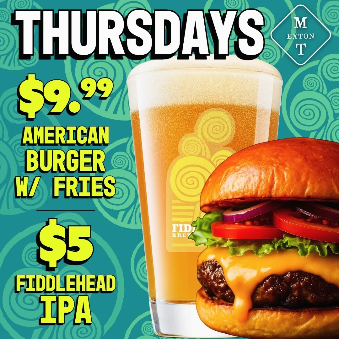 Thirsty Thursday🍔🍻 $9.99 American Burger w/ Fries &amp; $5 Fiddlehead pints ALL DAY! Happy Hour 4-6 #thirstythursday #burgerspecial #lunch #extonpa #chesco #goodeats #localspot #gettothetavern