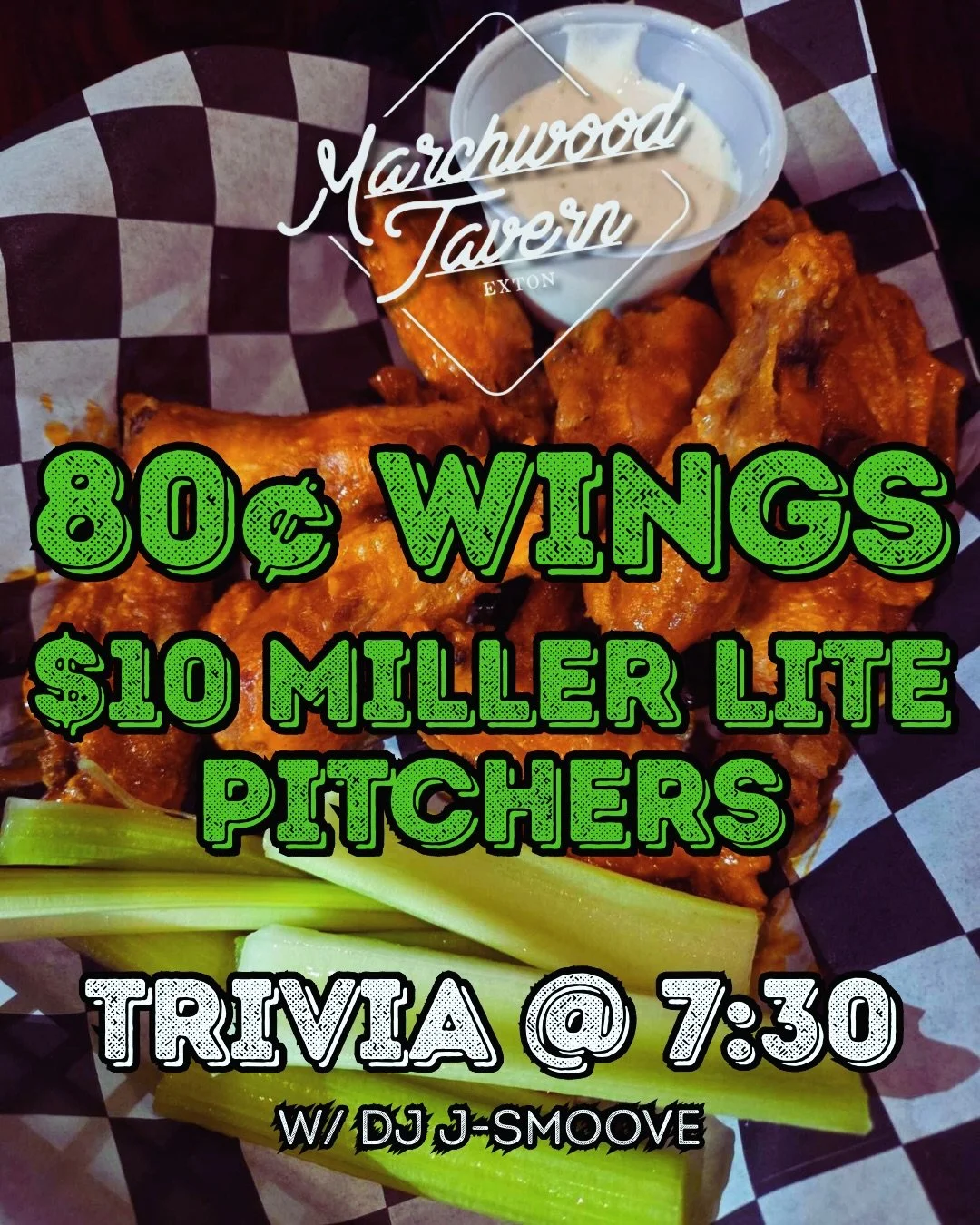 Wing Wednesday is here🙌 80&cent; Wings &amp; $10 Miller Lite pitchers start @ 11 &mdash; TRIVIA w/ @dj_jsmoove00 tonight @ 7:30 #wingwednesday #extoneats #thebestwingsinchesco #chescofoodie #wingking #trivia #humpday #gettothetavern