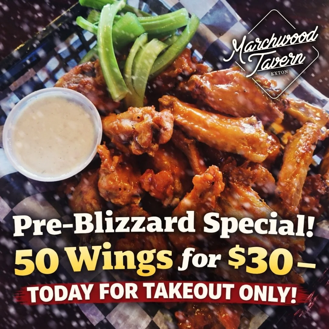 ‼️50 WINGS FOR $30 &mdash; TODAY FOR TAKEOUT ONLY‼️

The best Wings in CHESCO are on special for takeout all day today! CALL NOW TO PLACE ORDERS FOR PICKUP!
☎️ 610.363.7300