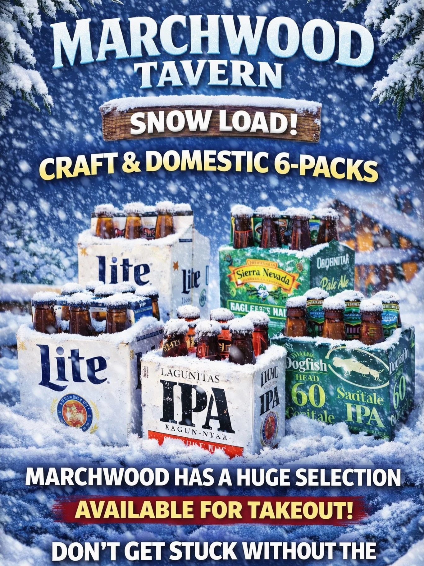 Snow&rsquo;s coming. Beer first. ❄️🍺

Stock up on craft &amp; domestic 6-packs to-go at Marchwood Tavern and don&rsquo;t get stuck without the good stuff.

Blizzard prep starts here. 🍻