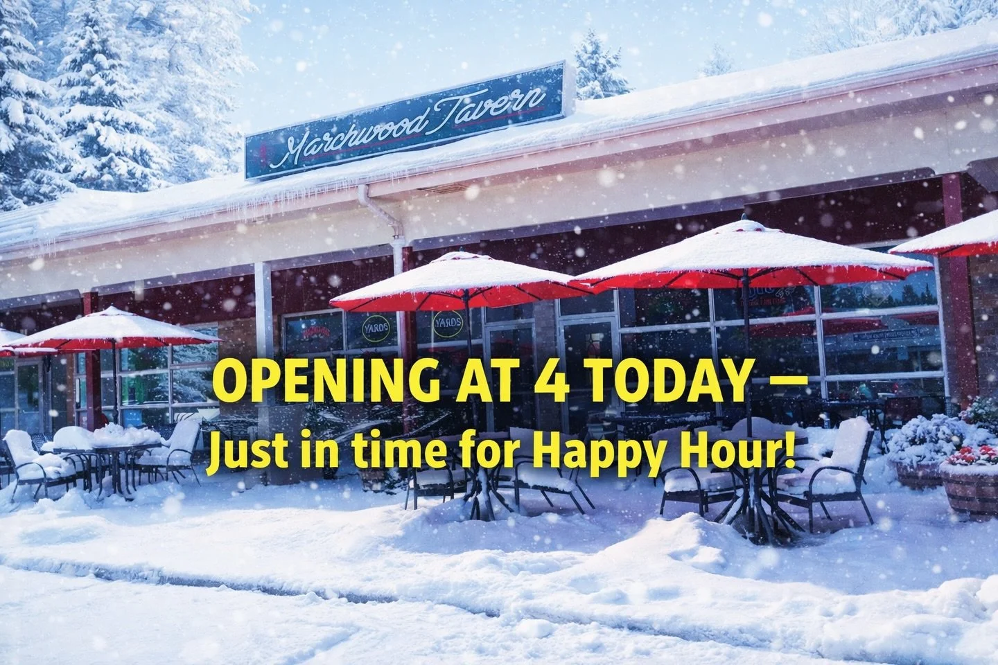No snow falling, just good vibes returning ❄️➡️🍻

Doors open at 4 &mdash; Happy Hour is calling. See you at Marchwood!