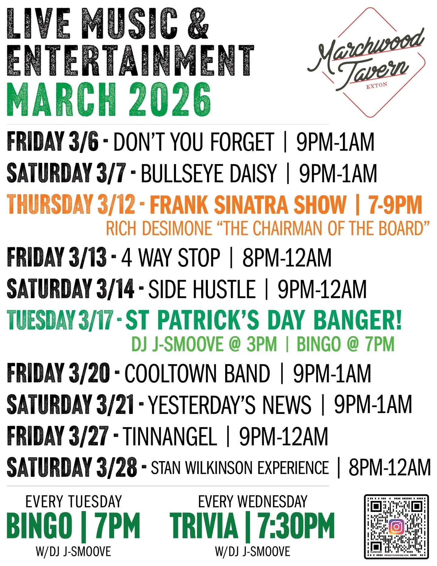 March live music &amp; entertainment at The Tavern☘️🎶 Come check it out #marchatmarchwood #livemusicvenue #stpaddysday2026 #marchmadness #gettothetavern