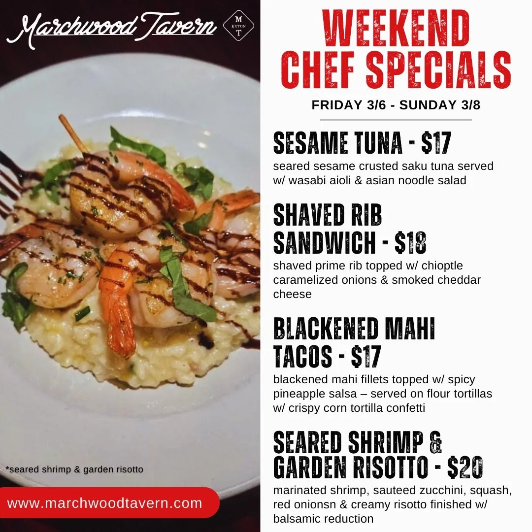 Happy Saturday! Check out our weekend chef specials 🔥 LIVE MUSIC TONIGHT w/ @bullseyedaisy starts @ 9pm🤘🎶 See you tonight! #weekendvibes #chefspecials #chescofoodie #livemusic #gettothetavern