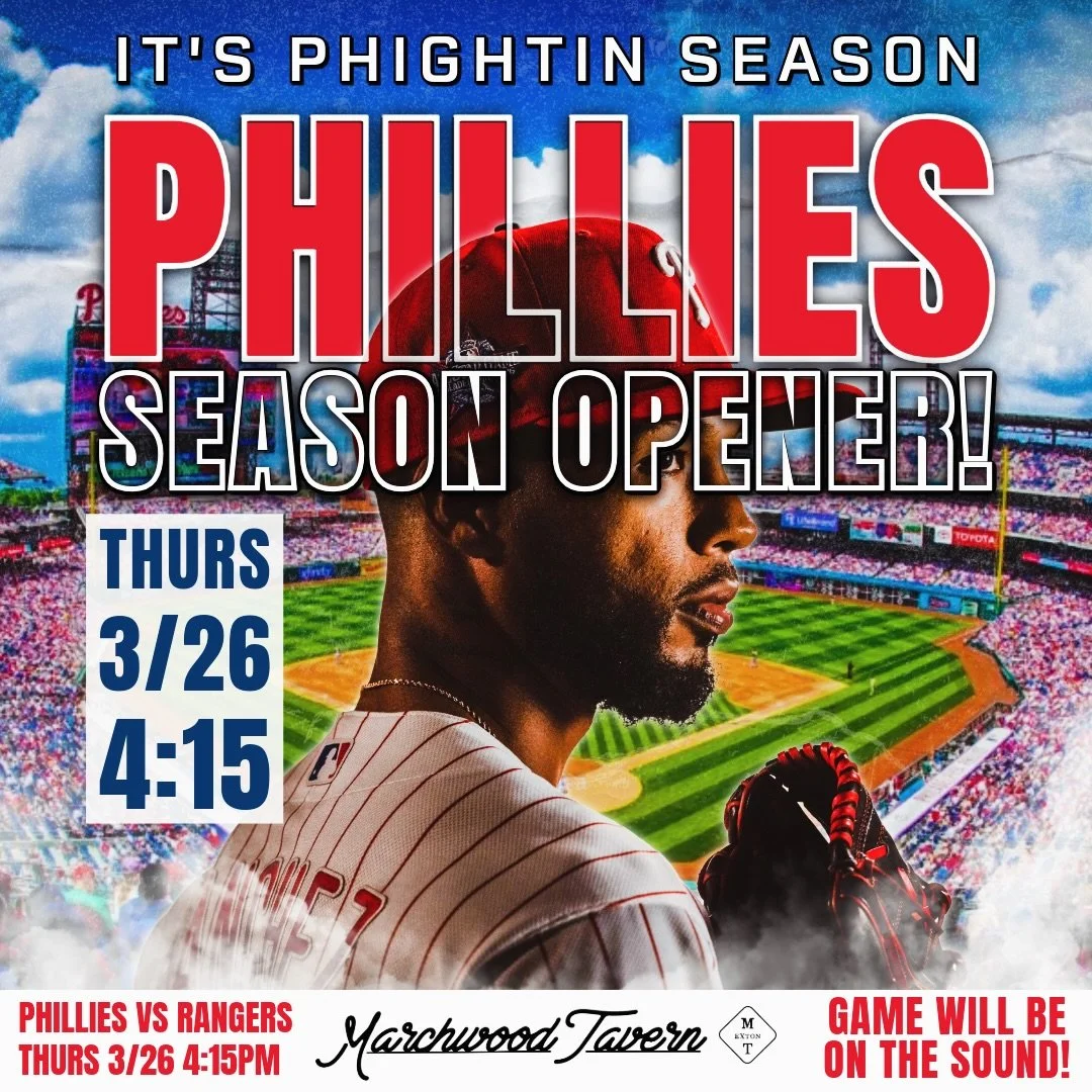 IT&rsquo;S PHIGHTIN&rsquo; SEASON⚾️ Phillies Opening Day @ 4:15 &mdash; Thirsty Thursday specials start when the doors open @ 11am🍔🍻 Marchwood Madness 🏀 #Sweet16 start @ 7:10 #phightinphils #marchwoodmadness #thirstythursday #gettothetavern
