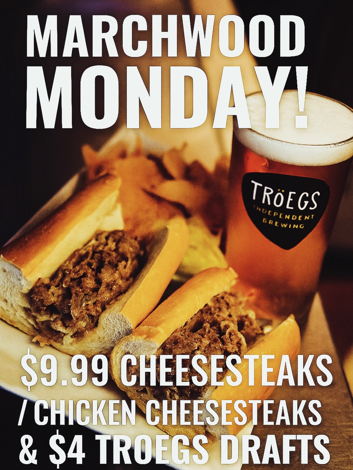It&rsquo;s a beautiful Marchwood Monday☀️ Grab a $9.99 Cheesesteak &amp; $4 Troegs pints ALL DAY &mdash; Happy Hour 4-6🍻 #marchwoodmonday #mondayfunday #happyhour #extoneats #gettothetavern