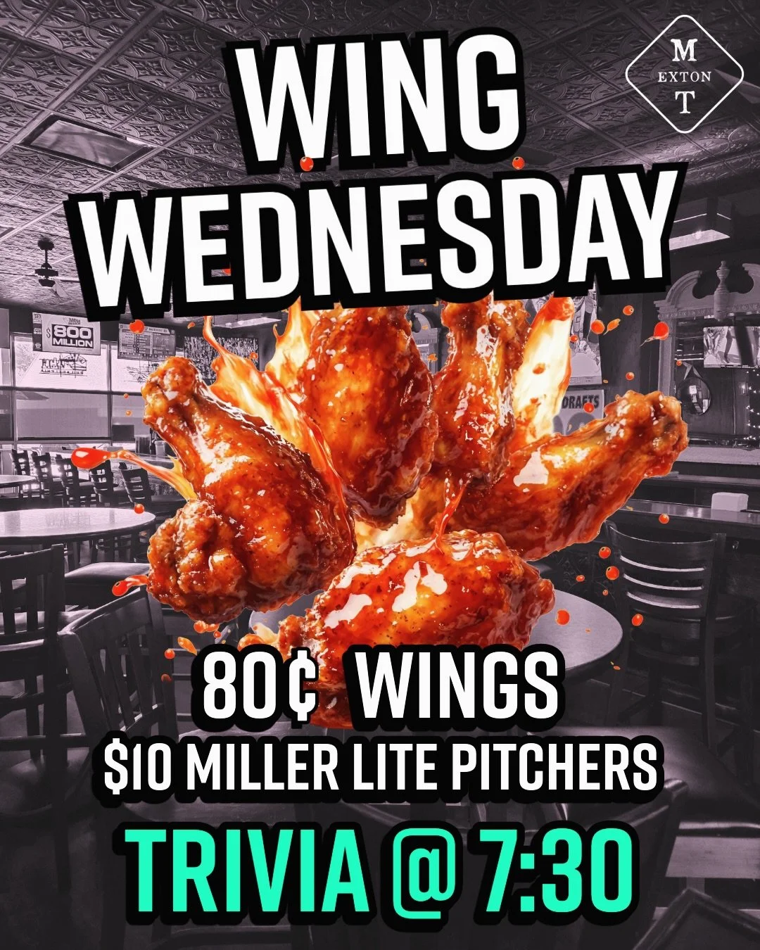 On Wednesdays, we eat WINGS!! 80&cent; Wings &amp; $10 Miller Lite pitchers all day🍻 Happy Hour 4-6 &mdash; TRIVIA w/ DJ JSmoove starts @ 7:30🚀🌖 #wingwednesday #weregoingtothemoon #extoneats #trivianight #gettothetavern