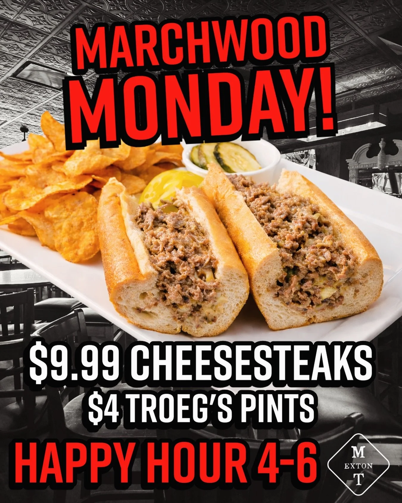 Mondays are awesome at The MT🍺 $9.99 Cheesesteaks &amp; $4 Troeg&rsquo;s pints on special all day &mdash; Happy Hour 4-6 #marchwoodmonday #extoneats #chescocheesesteaks #bestcheesesteak #gettothetavern
