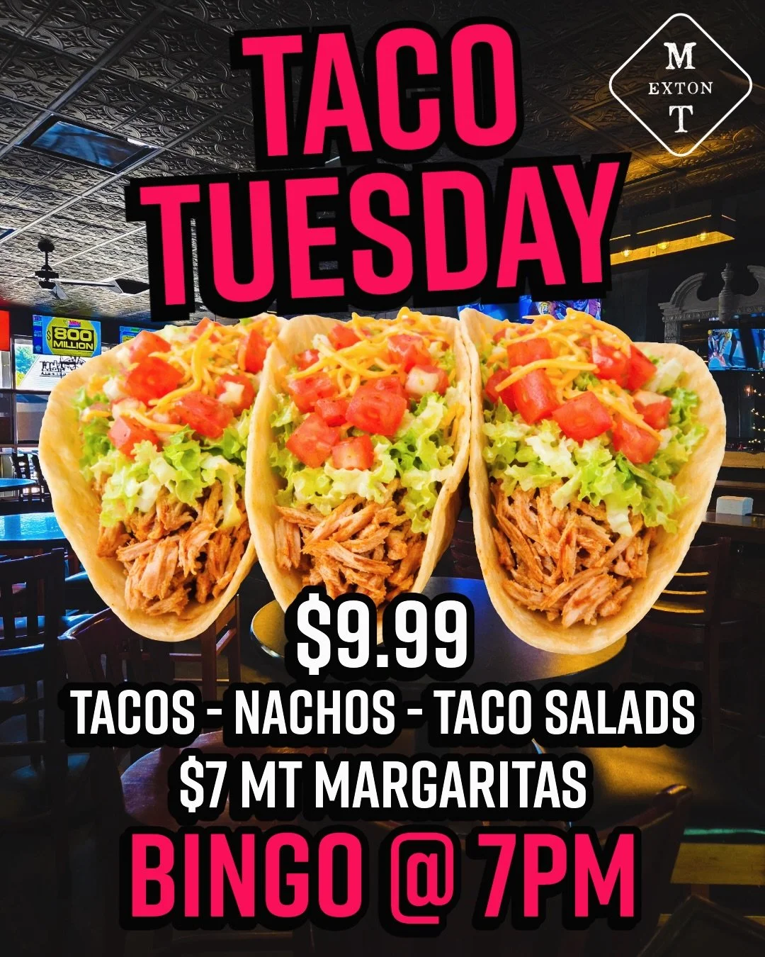 MT Taco Tuesday hits different 🌮🌮 $9.99 Tacos, Nachos, Taco Salads &amp; $7 Margaritas &mdash; BINGO TONIGHT@ 7 hosted by DJ J-Smoove #tacotuesday #bingonight #localfundraisers #maragritas #gettothetavern