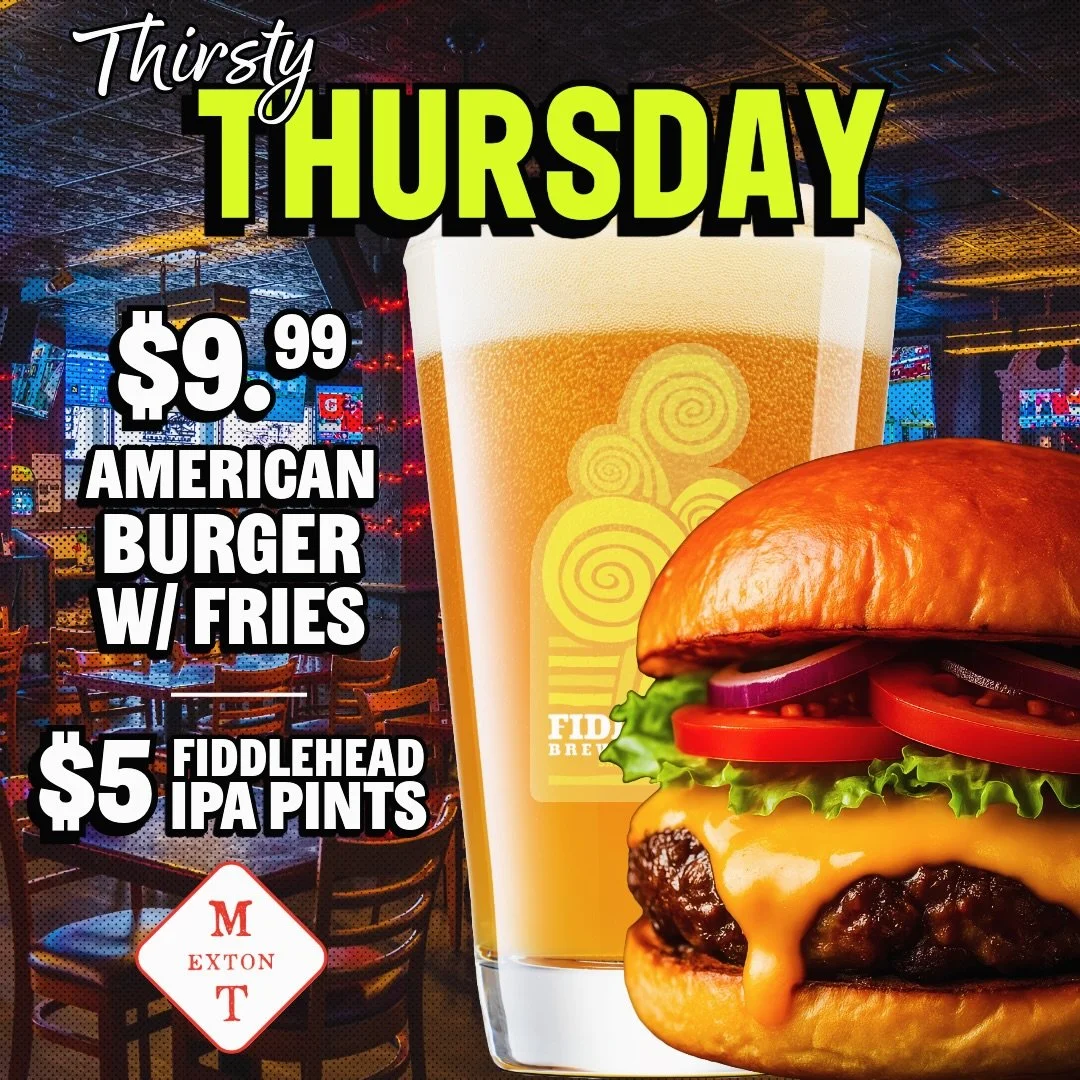 Thirsty Thursday? Say less
$9.99 American Burger w/ Fries &mdash; $5 Fiddlehead pints
$4 State Light Pounders &mdash; $3 Tavern Light pints
Happy Hour 4-6
#gettothetavern