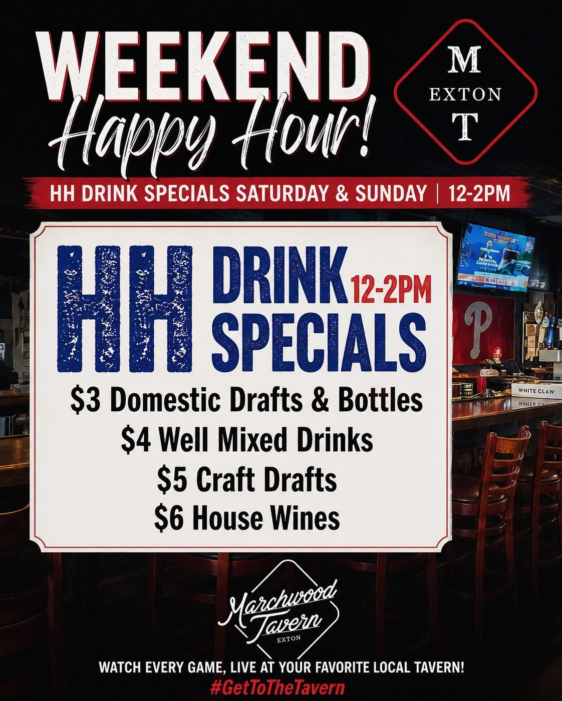 Happy Saturday! Happy Hour 12-2🍻Preakness Stakes @ 6:50🐎 LIVE MUSIC w/ Small Batch Bourbon starts @ 9 &mdash; Check out our weekend chef specials! #weekendplans #extoneats #preakness #sportsbar #gettothetavern