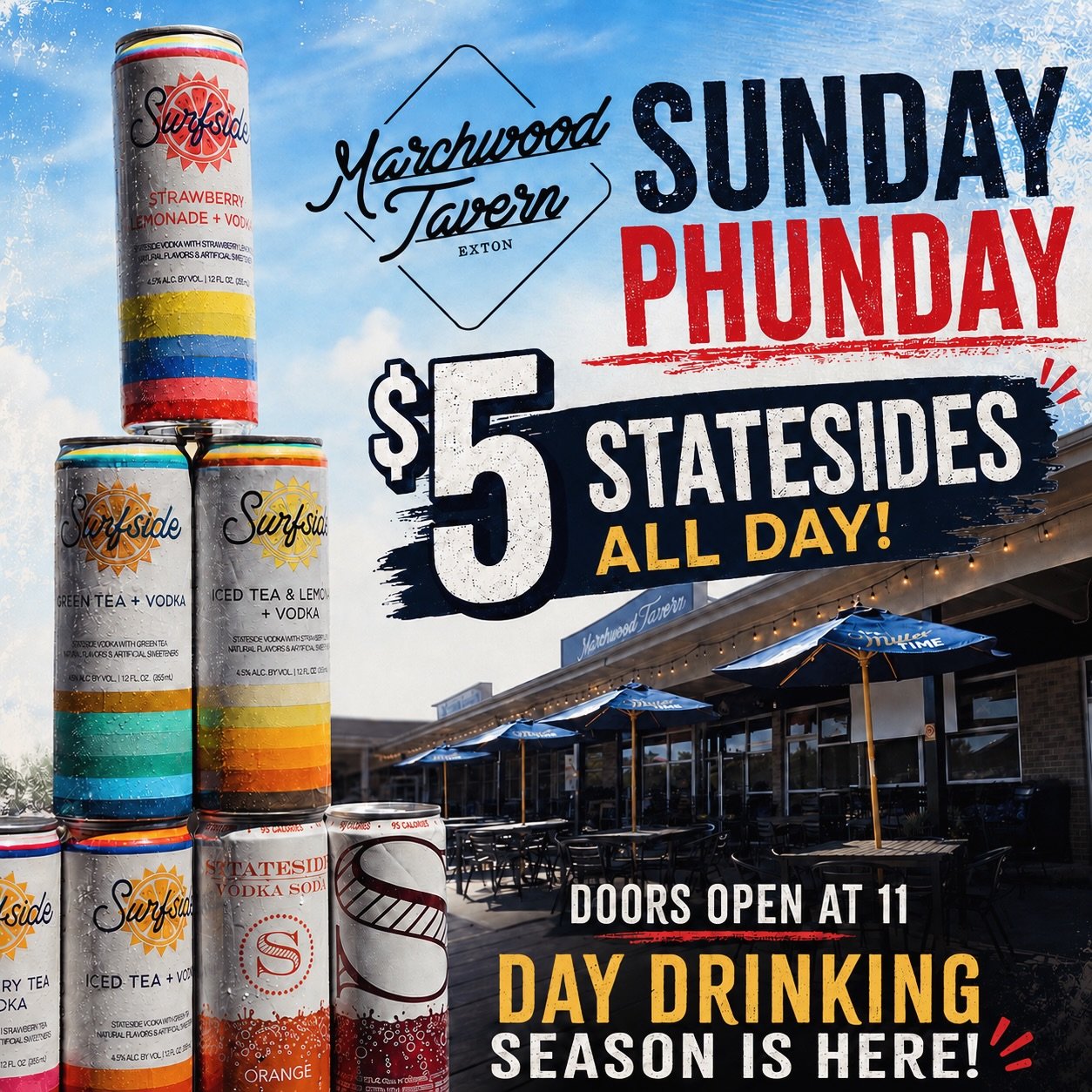 Sunday Phunday at The Tavern☀️ Day drinking season is here! $5 Statesides, $4 State Light pounders, $3 Tavern Light pints all day &mdash; Happy Hour 12-2 ⚾️Phillies vs Pirates @ 1:35 #sundayphunday #drinkstatesides #daydrinkingseason #localspot #gett