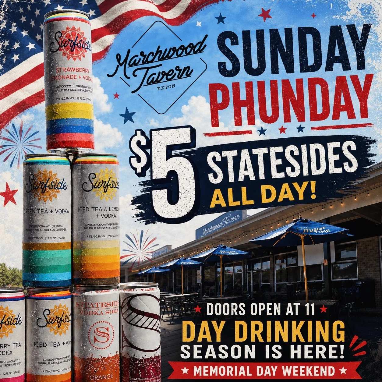 Red, white, booze. 🇺🇸☀️
Sunday Phunday starts at 11 &mdash; $5 Statesides, $4 State Light pounders, $3 Tavern Lights, Happy Hour 12-2 &amp; day drinking all Memorial Day weekend long. #GetToTheTavern