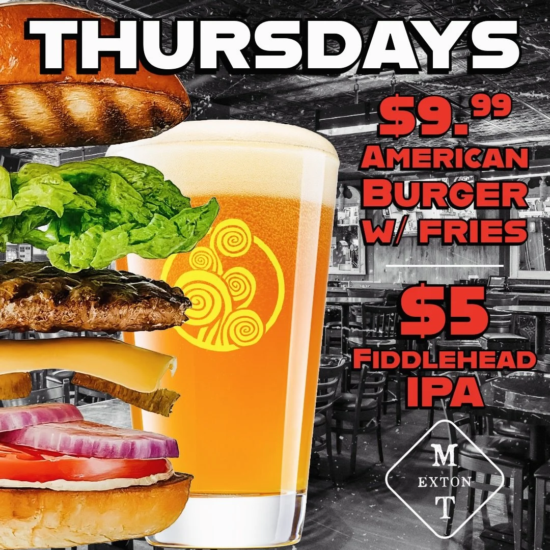 Thirsty Thursday!! $5 Fiddlehead IPAs &amp; $9.99 American Burger w/ Fries all day starting @ 11 &mdash; It&rsquo;s day drinking season🍻#gettothetavern