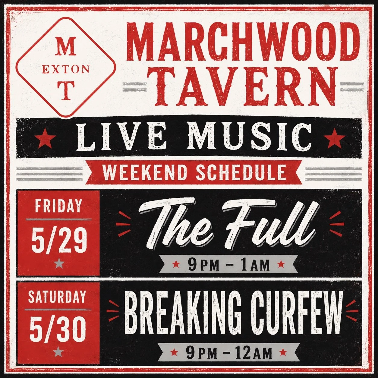 LIVE this weekend at Marchwood 🎸🍻
Friday: The Full
Saturday: Breaking Curfew

Cold drinks. Loud music. Late nights.
#GetToTheTavern