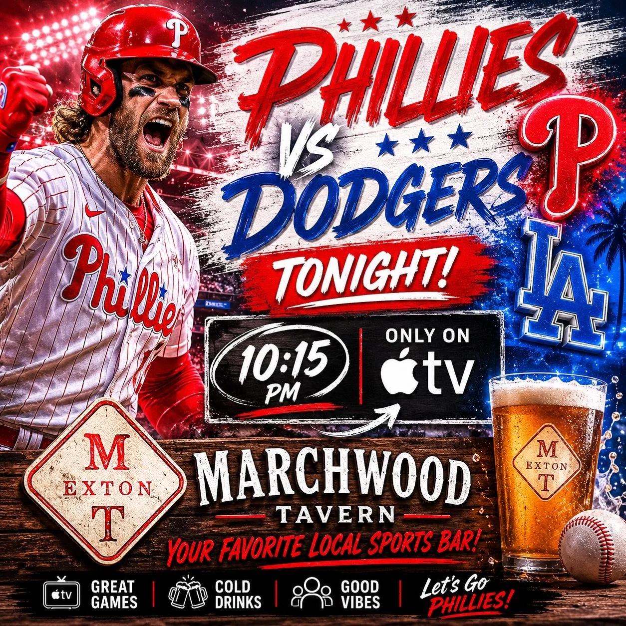 Friday night Phillies⚾️ @ 10:15 vs the Dodgers only on Apple TV &mdash; Catch the game tonight at your favorite local sports bar #gettothetavern