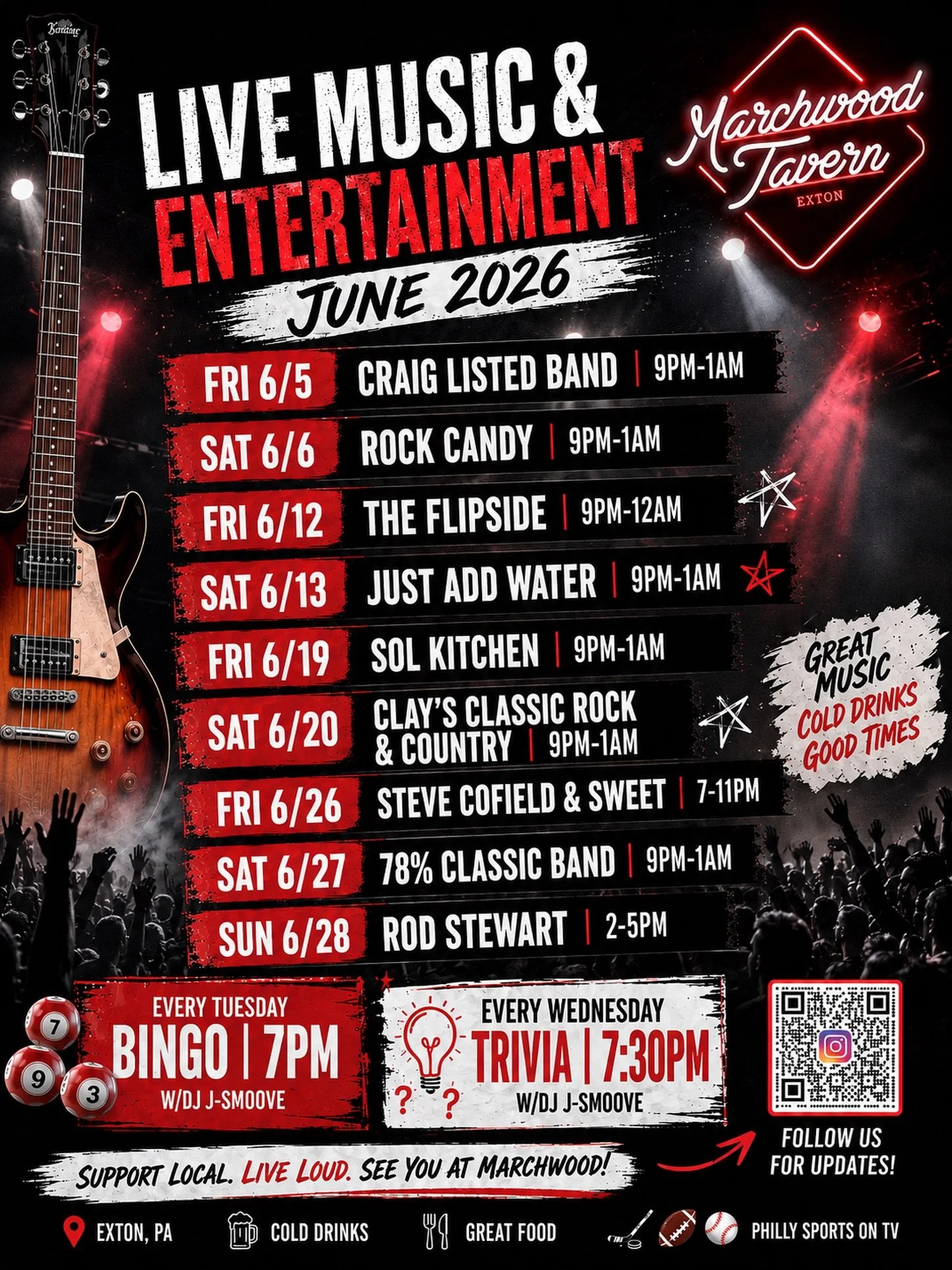 Your June weekends start at Marchwood Tavern 🍻🎸

Live music. Cold drinks. Packed house vibes. See you at your favorite local tavern all month long.

#MarchwoodTavern #LiveMusic #ExtonPA #LocalBar #WeekendVibes