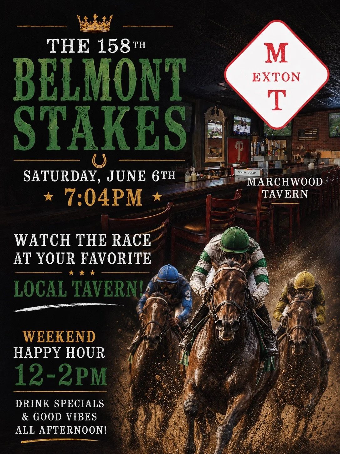 Happy Saturday🍻Happy Hour 12-2 &mdash; Get here for the Belmont Stakes running @ 7:04🏇 LIVE MUSIC TONIGHT w/ Rock Candy starts @ 9pm! #weekendhappenings #belmontstakes #localsportsbar #extonpa #gettothetavern