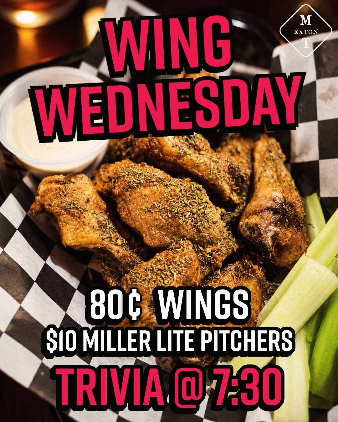 Wing Wednesday starts NOW🙌
80&cent; Wings &amp; $10 Miller Light pitchers all day!
Happy Hour 4-6 🍻 Trivia tonight @ 7:30 w/ @dj_jsmoove00 
#marchwoodwings #bestwingsinchesco #extoneats #trivianight #gettothetavern