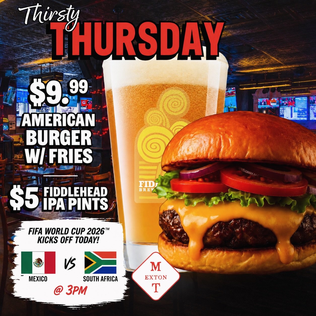 ⚽️ The wait is over &mdash; FIFA World Cup 2026 kicks off TODAY!

Catch Mexico 🇲🇽 vs South Africa 🇿🇦 at 3PM while enjoying a $9.99 American Burger &amp; Fries and $5 Fiddlehead IPA pints all day long🍻🍔
Your World Cup headquarters is right here.