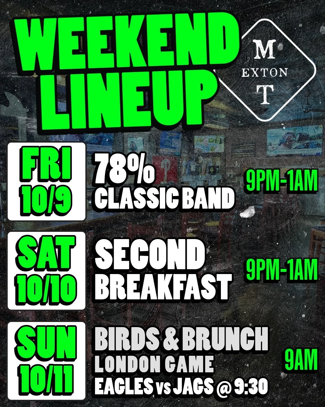 We really, really want live music and a Birds win in London!🇬🇧🦅🏈

78% Friday. Second Breakfast Saturday. Birds &amp; Brunch Sunday&mdash;doors at 9AM #gettothetavern