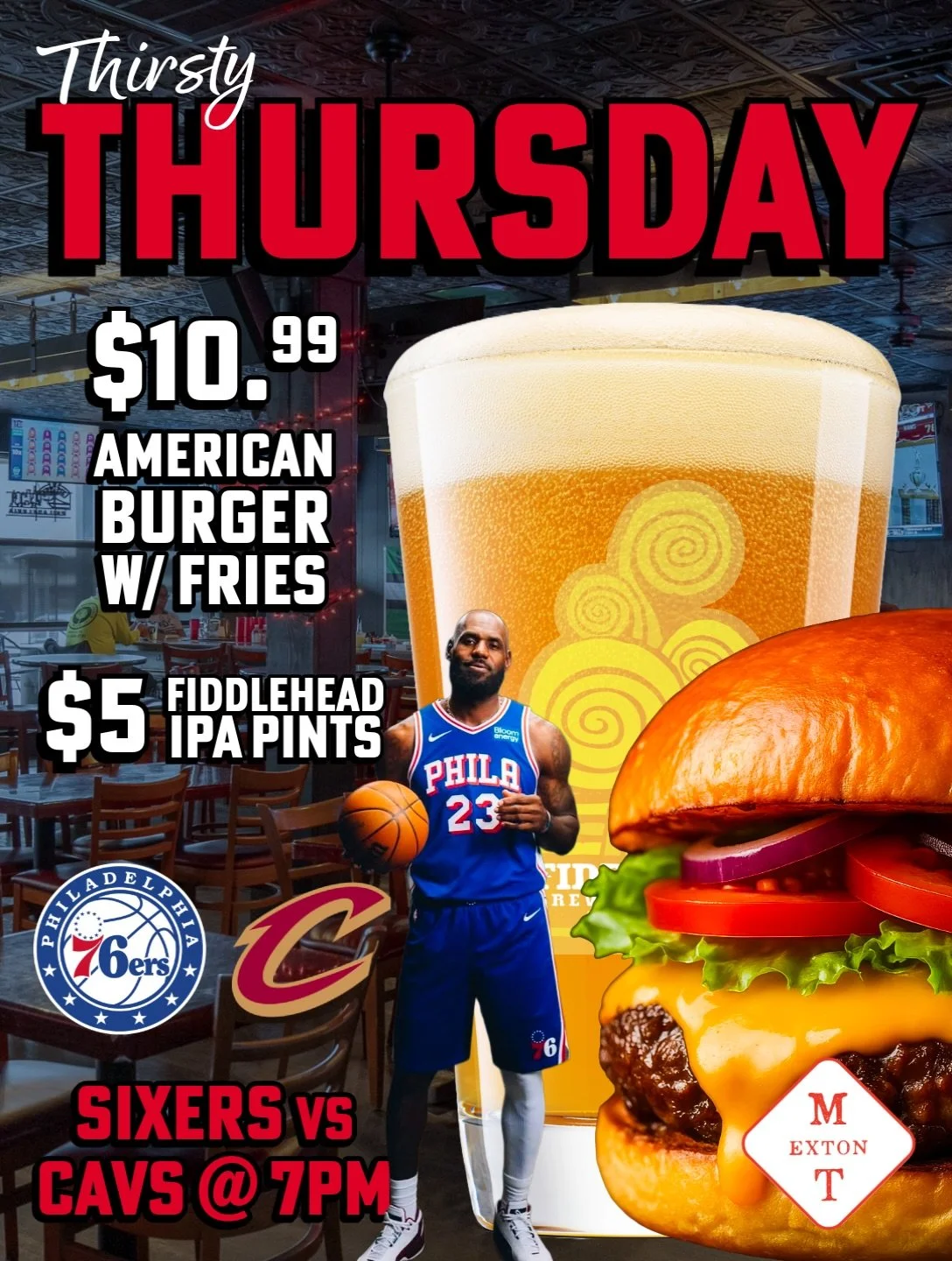 Our Thursday specials can&rsquo;t be beat! $10.99 American Burger w/ fries &amp; $5 Fiddlehead IPAS 🍔🍺 Happy Hour 4-6 &mdash; Sixers/Cavs @ 7🏀 #thursdayspecials #extonpa #thirstythursday #burgerspecial #gettothetavern