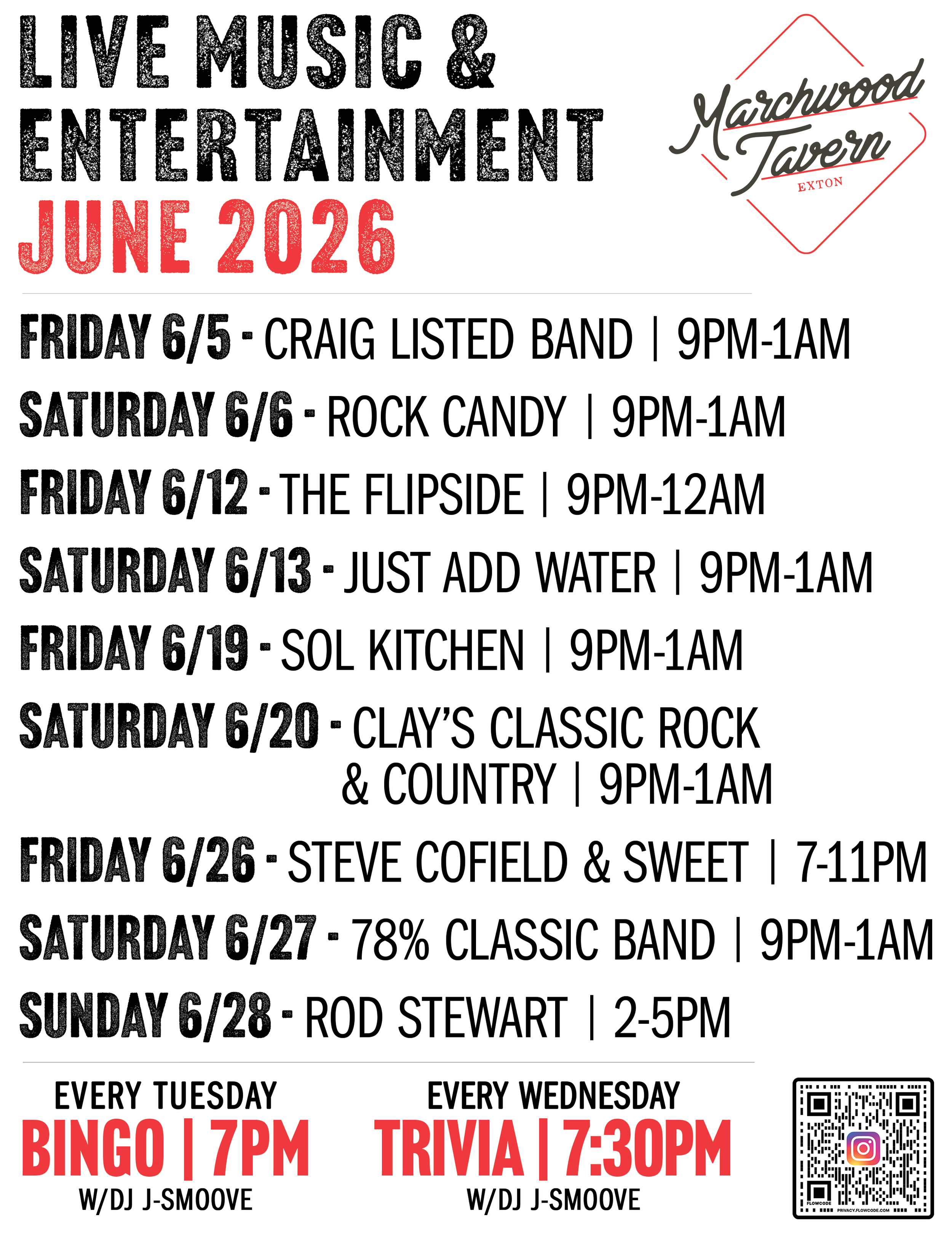 Marchwood tavern June 2026 live music and entertainment schedule featuring local bands every weekend in Exton, PA. Also promoting Tuesday Bingo at 7PM and Wednesday Trivia at 7:30PM with DJ J-Smoove at Marchwood Tavern