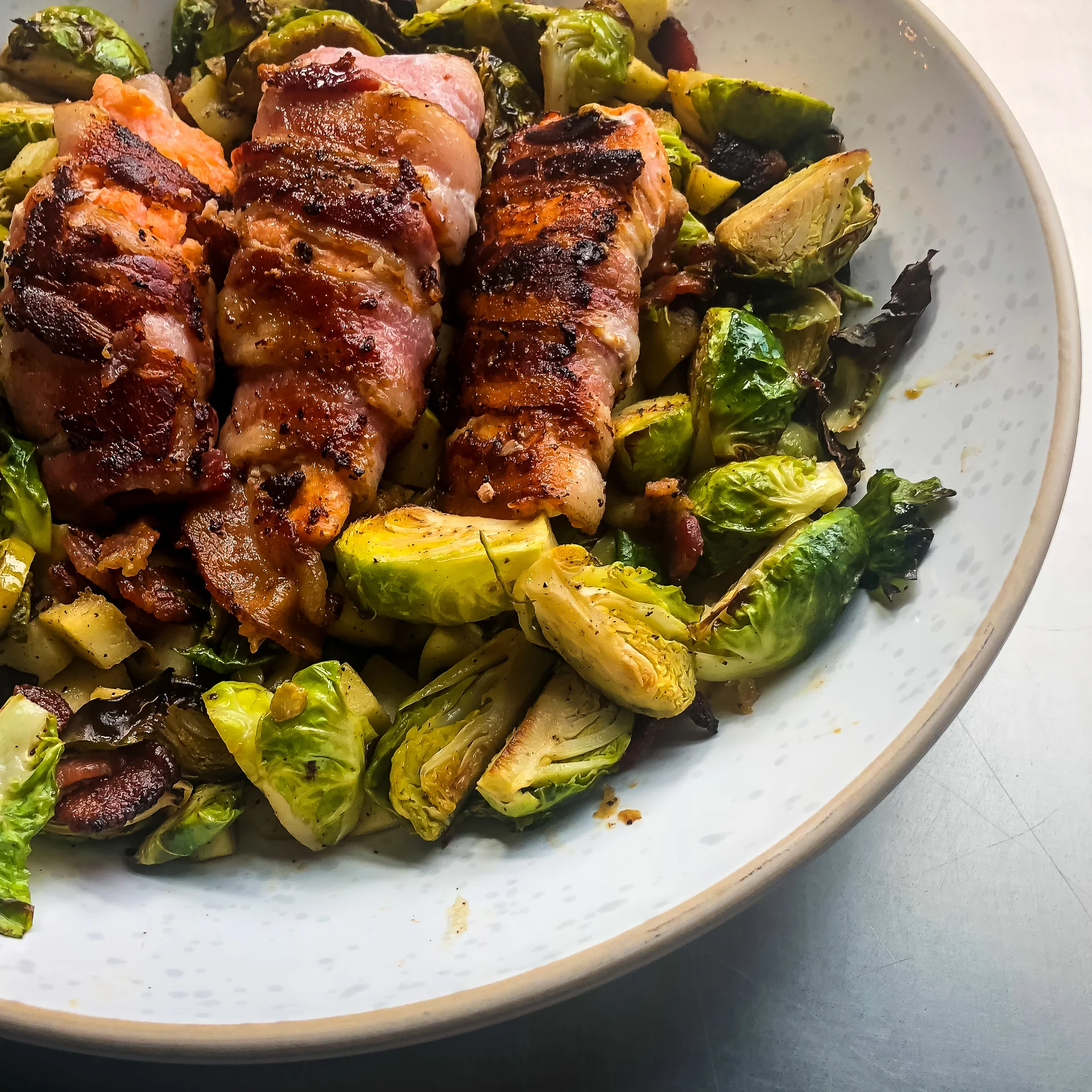 Bacon Wrapped Salmon with Roasted Brussels Sprouts