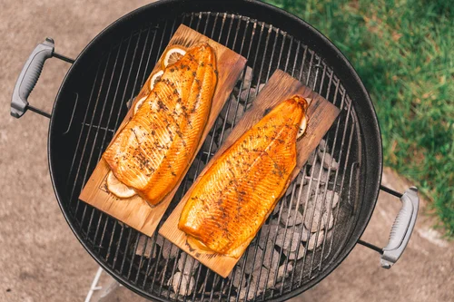 Steak Salmon On Charcoal Grill Grilled Salmon Steaks Recipe