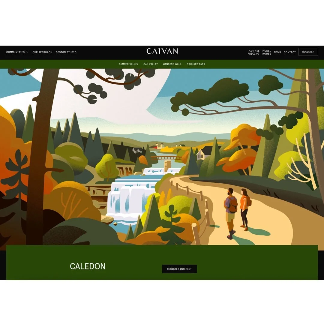 Here&rsquo;s a recent one for Canadian housing developers Caivan. I was asked to create an illustrated scene of Caledon: a scenic town in the Greater Toronto Area known for its rolling hills, conservation lands and heritage villages.

🍁🍂🍁🍂🍁

Tha