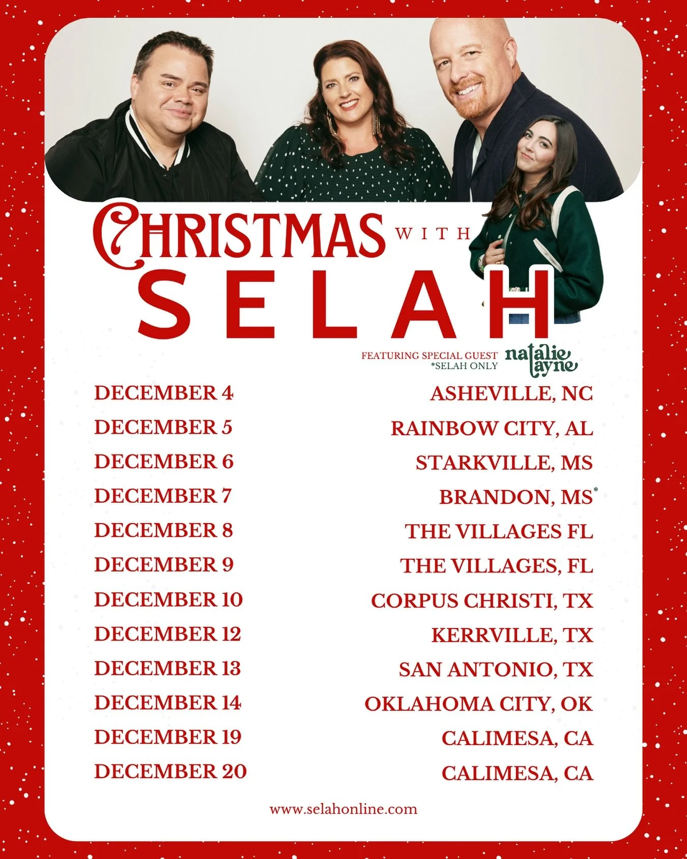 Christmas music, friends, and nights of worship — what could be better? 🎄
We’re thrilled to announce our Christmas Tour with @natalielaynemusic! 
Tickets are available now at selahonline.com — we can’t wait to celebrate the s