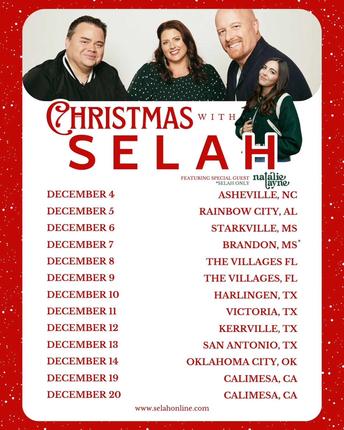 Christmas music, friends, and nights of worship &mdash; what could be better? 🎄✨
We&rsquo;re so excited to announce our Christmas Tour with @natalielaynemusic!

The celebration starts soon, and tickets are officially LIVE at selahonline.com.
Don&rsq