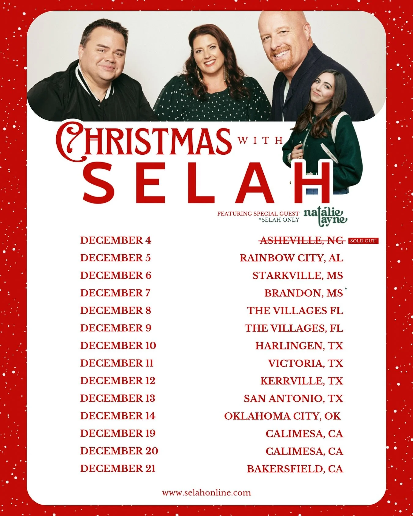 🎄✨ We are SO excited to hit the road next week with our friend @natalielaynemusic! Our first show is officially SOLD OUT &mdash; thank you!! ❤️
Don&rsquo;t wait to grab your tickets for the rest of the tour&hellip; they&rsquo;re going fast!
👉 selah