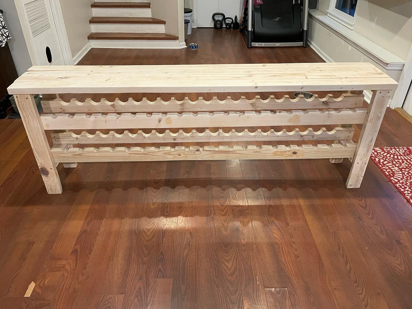 Custom 7&rsquo; #wine tasting table with rack I built for an FB marketplace client🍷She sent me her idea, I sent her a design. I slapped it together with reclaimed 2x4&rsquo;s. Voil&agrave;! #carpentry #homemadefurniture